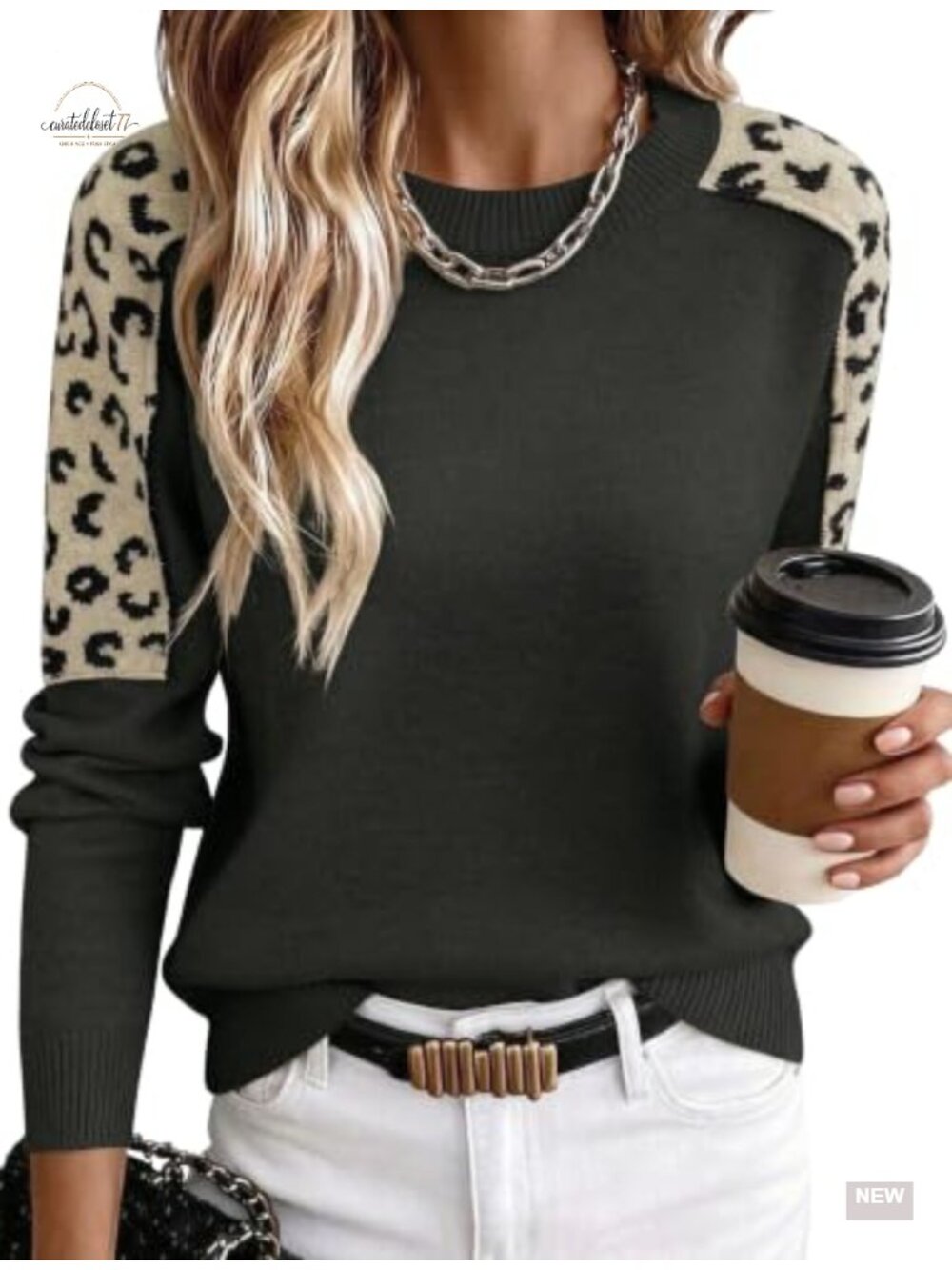 Womens Crew Neck Sweater Leopard Patchwork Long Sleeve Knit Pullover